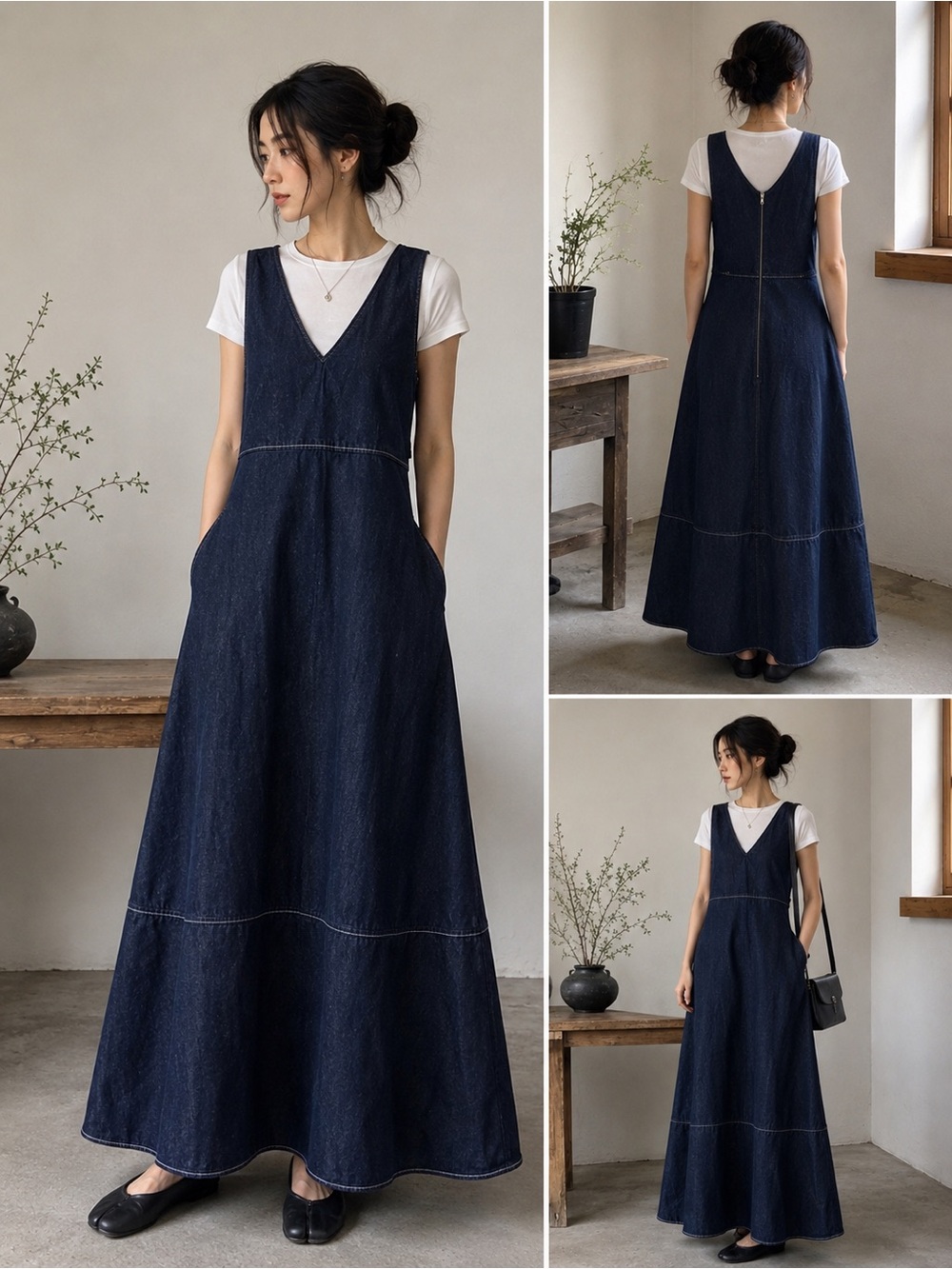 Japanese Minimalist Denim Maxi Pinafore Dress A Line